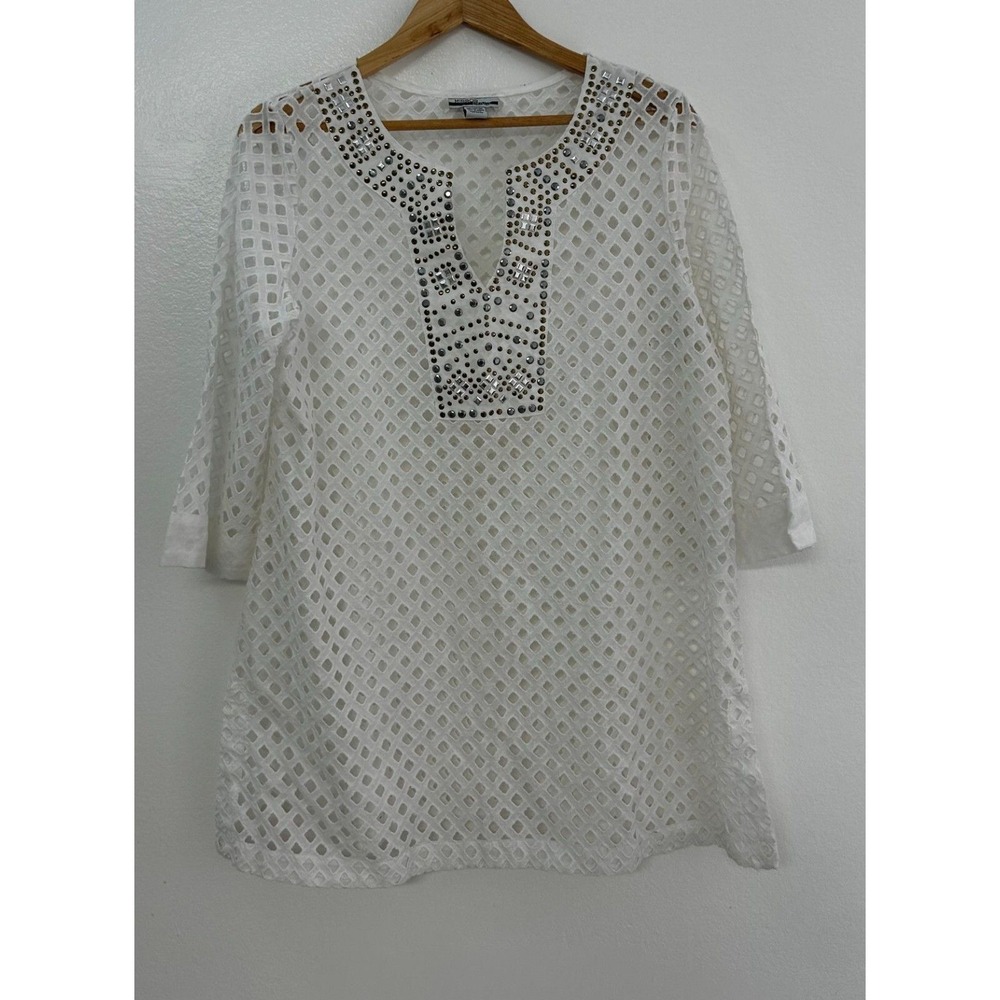 Mirror Image Cover Up Tunic‎ Womens L White Eyelet Beaded Split V-Neck Pullover - Picture 2 of 9